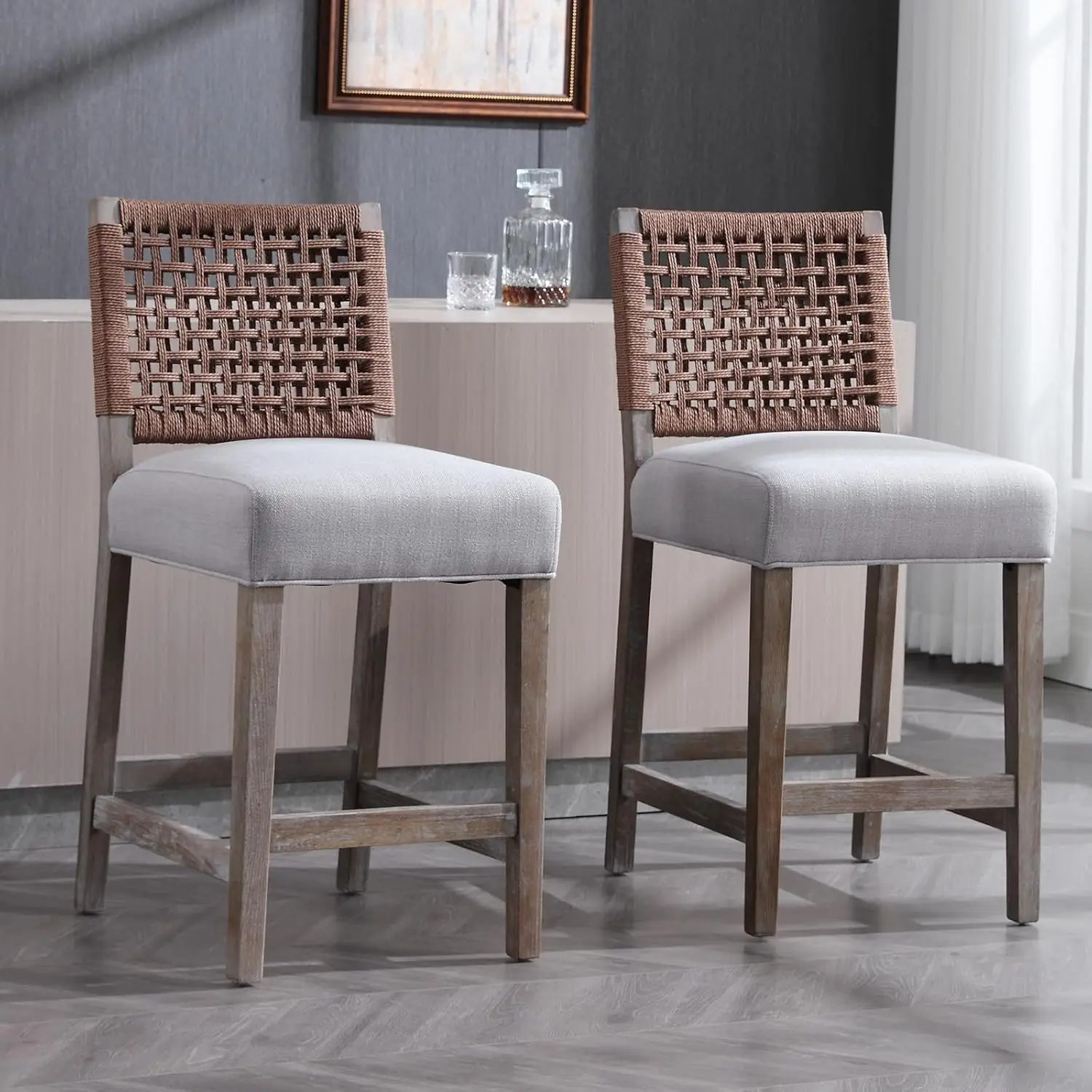 

Набор из 2 барных стульев высотой 27 дюймов, деревянные стулья в стиле фермерского дома с льняным сиденьем и плетеной спинкой, 6,5 дюймов, на заказ