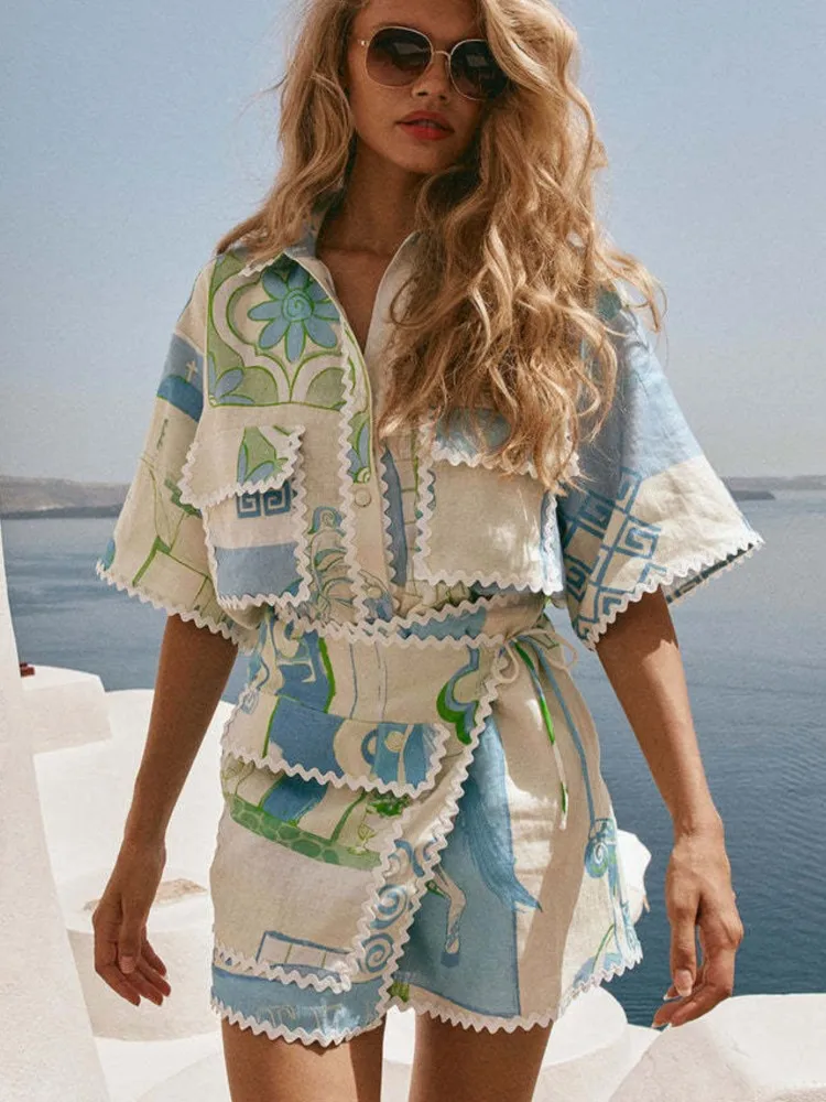 

Красивый комплект из двух предметов с рюшами и принтом, женский летний повседневный лоскутный праздничный модный топ с карманами на пуговицах и мини-юбка, комплекты из двух предметов