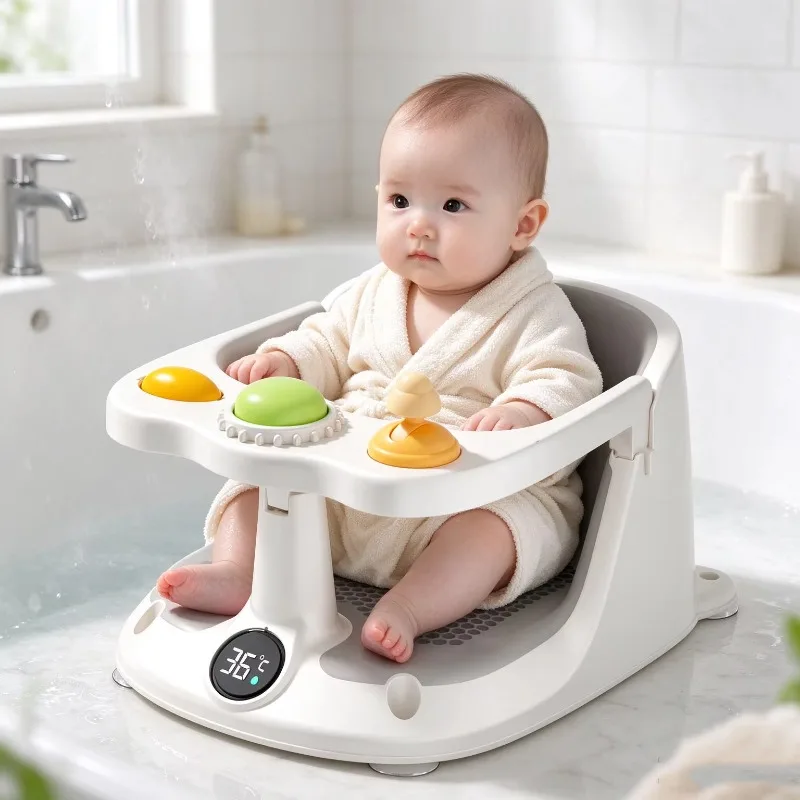 Infant Bath Support Seat Portable Baby Shower Chair With Game Tray Temperature Sensor for Bathtub Shower