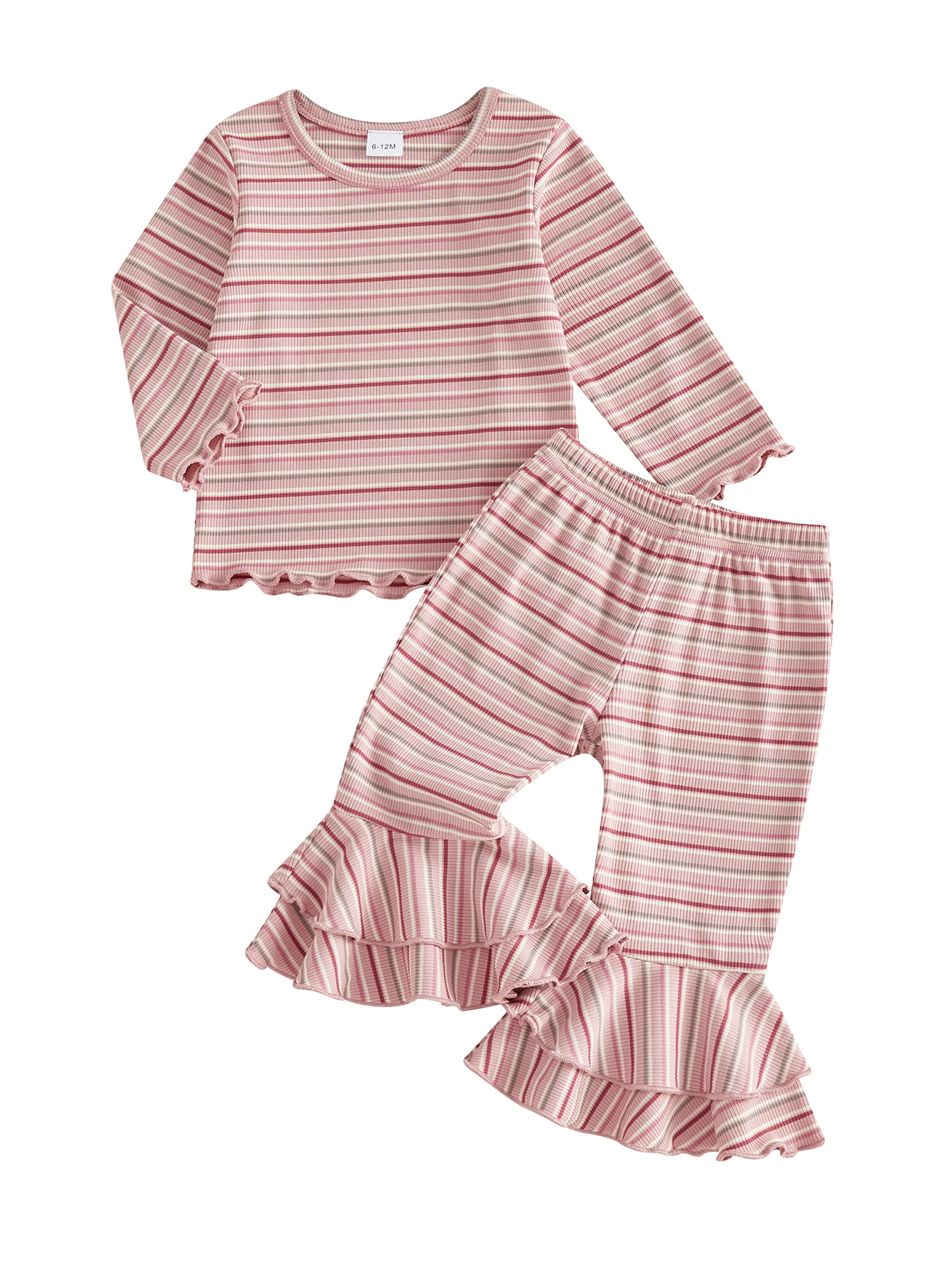 

2Pcs Baby Boys Winter Clothing Set Long Sleeve Round Neck Striped Print Tops and Elastic Waist Flare Pants Outfit
