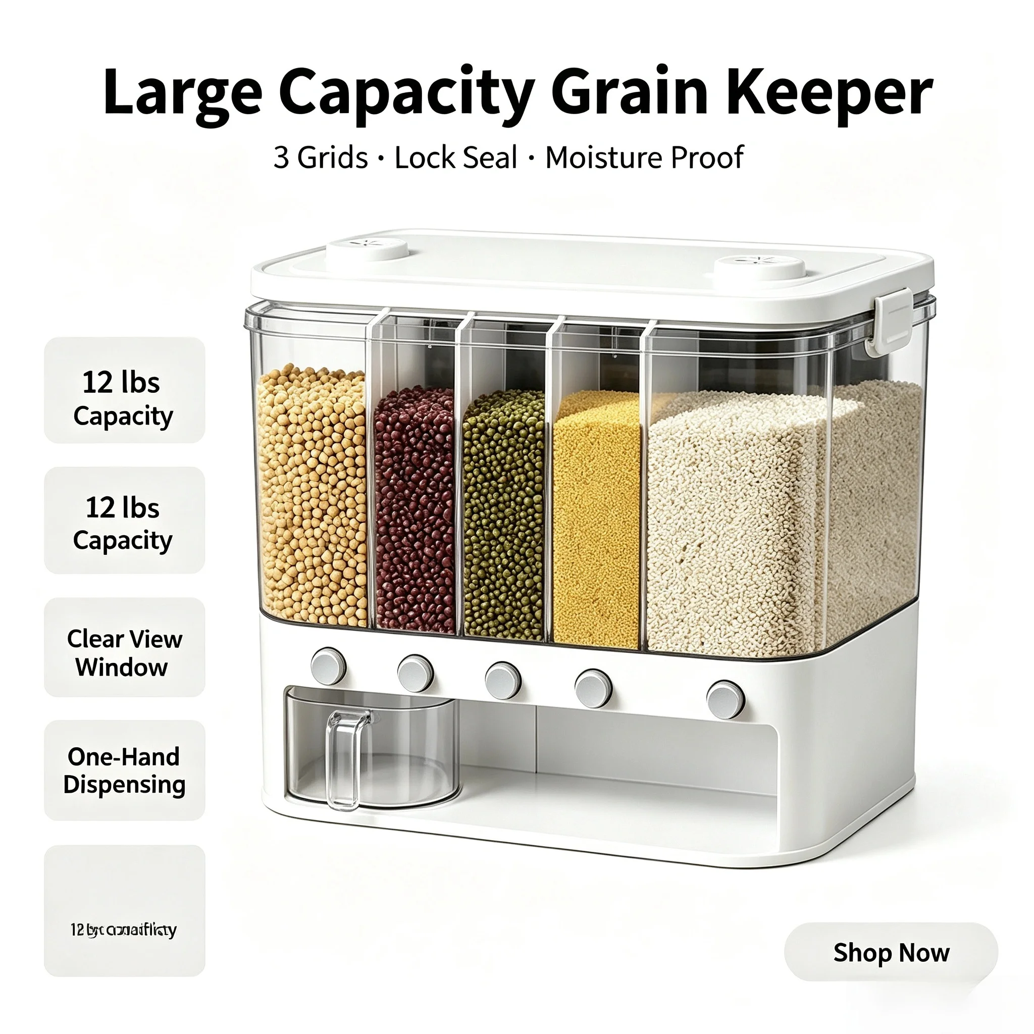 6 Grid 10L Wall Mounted Rice Dispenser, Sealed Insect-Proof Grain Storage Container with Free Measuring Box for Beans Cereals