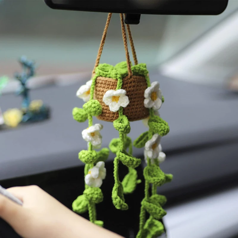 Crochet Plants Vine Hanging Basket Artificial Flowers Handmade Gift For Her Room Home Wall Decor Car Mirror Ornament Accessories