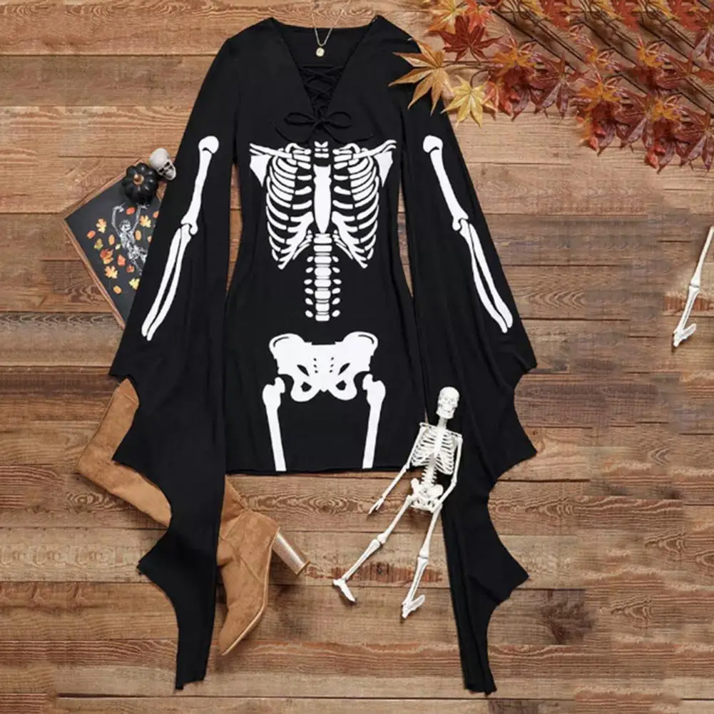 Halloween Party Dress Stylish Halloween Party Cosplay Costume Long Batwing Sleeve Dress with Skeleton Print Lace Up Sheath Slim