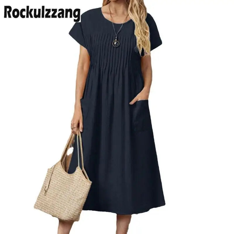 

Summer Women's Dress With Pocket Plus Size 5XL 4XL 3XL Oversized Long Solid Round Neck Pleated Short Sleeve Cotton Linen Dresses