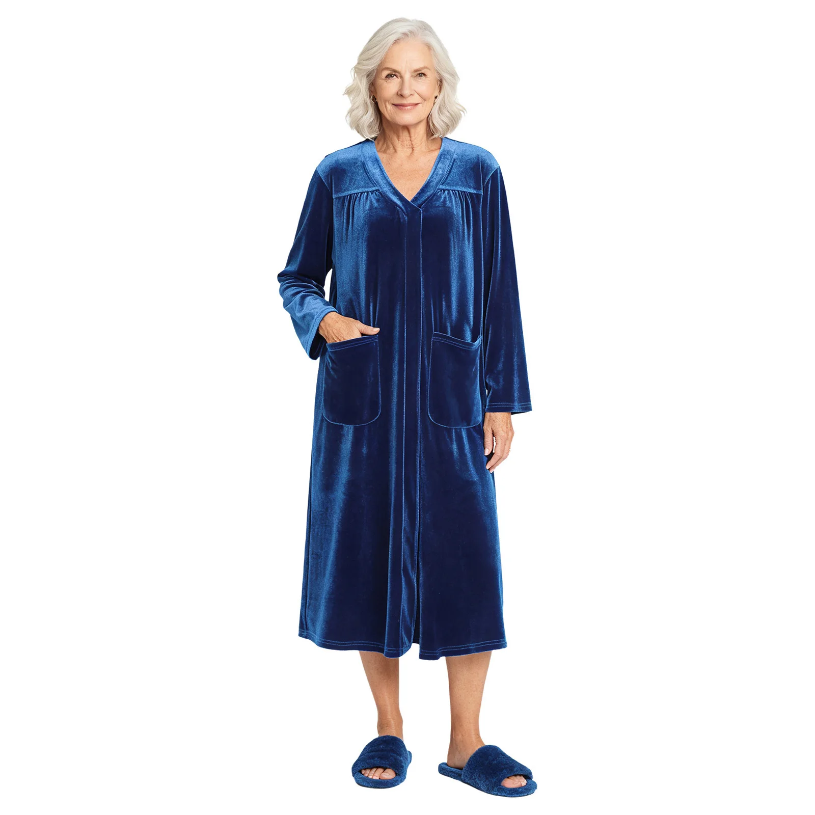 Women Elderly Special Needs Adaptive Robe Velvet Warm Nightgown Long Sleeve Press Button Shoulder Open Back Nightdress Bathrobe
