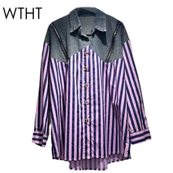 WTHT New Women's Patchwork Denim Striped Shirt 2024 Winter Trendy Double Zipper Design Long Sleeves Blouse Female 1LS638