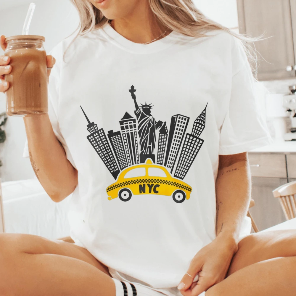 NYC Yellow Taxi Graphic Tee Skyline Cityscape Urban Travel Gift Unisex Trendy Top Retro Trend Cool Street T-Shirt Cotton Shirts