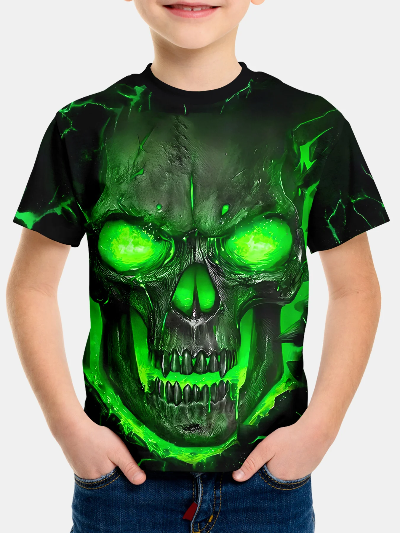 Kids Green Glow Skull Graphic T‑Shirt, Boys Cool Neon Lightning Skull Print Short Sleeve Crew Neck Casual Summer Tee Tops