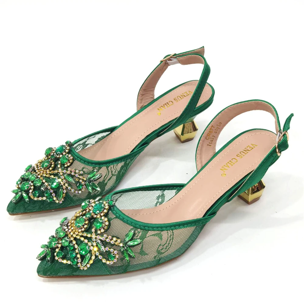 Venus Chan Nigerian Elegant Lace Net Style Green Crystal Low Heel Shoes And Three-Dimensional Mini Bag Commuter Women's Shoes