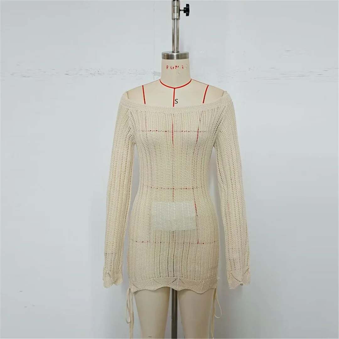 2026 Schulterfreies Langarm-Häkel-Tunika Strand-Überwurf Strandkleid Strandmode Damen V8513 – Detail 7