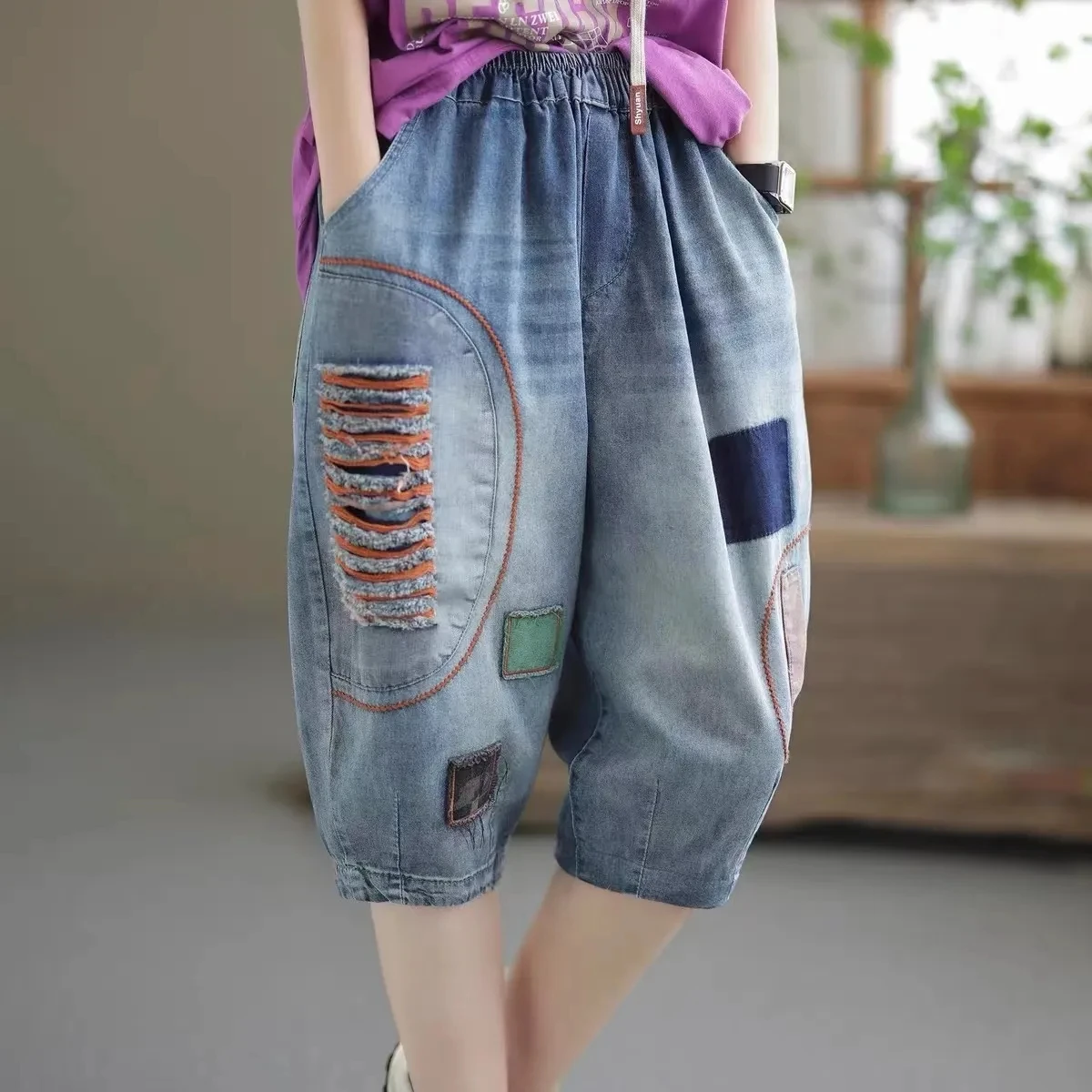 2025 New Summer High waist Denim Shorts for Women Artistic Casual Loose Thin Piercing Splicing Patchwork five Split pants Female