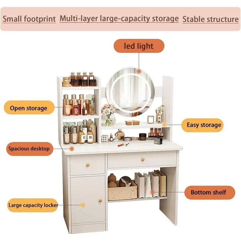 Dresser, Dresser with Drawer, Dresser with Mirror and Led Light, 3 Lighting Modes, Dresser, Multi-function Bedroom Makeup