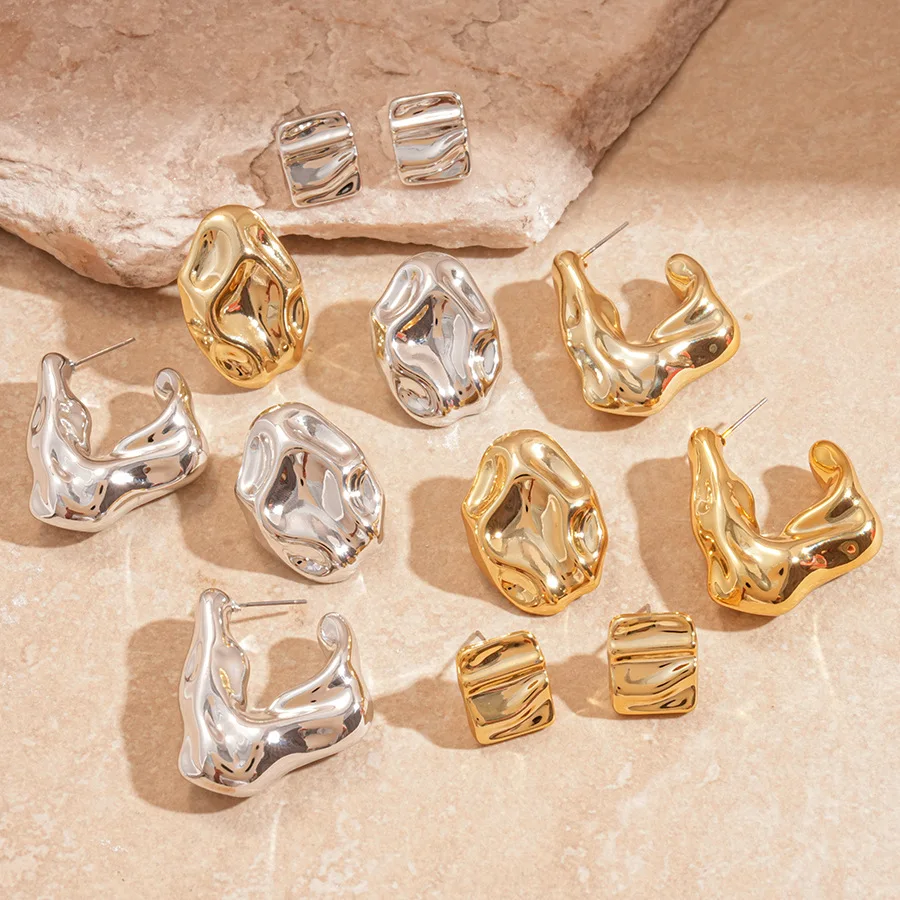 Gold Silver Color Irregular Pleated Oval Acrylic Stud Earrings for Women Men Punk Square Geometric Ear Studs Party Jewelry F
