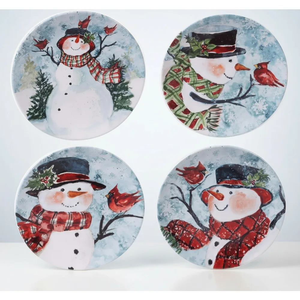

Набор праздничной столовой посуды со снеговиком, красные тарелки среднего размера для праздничных вечеринок, семейных встреч