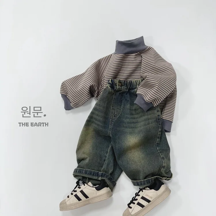 Autumn New Children Denim Trousers Baby Boys Girls Loose Casual Wide Leg Pants Fashion Vintage Straight Jeans Kids Clothes