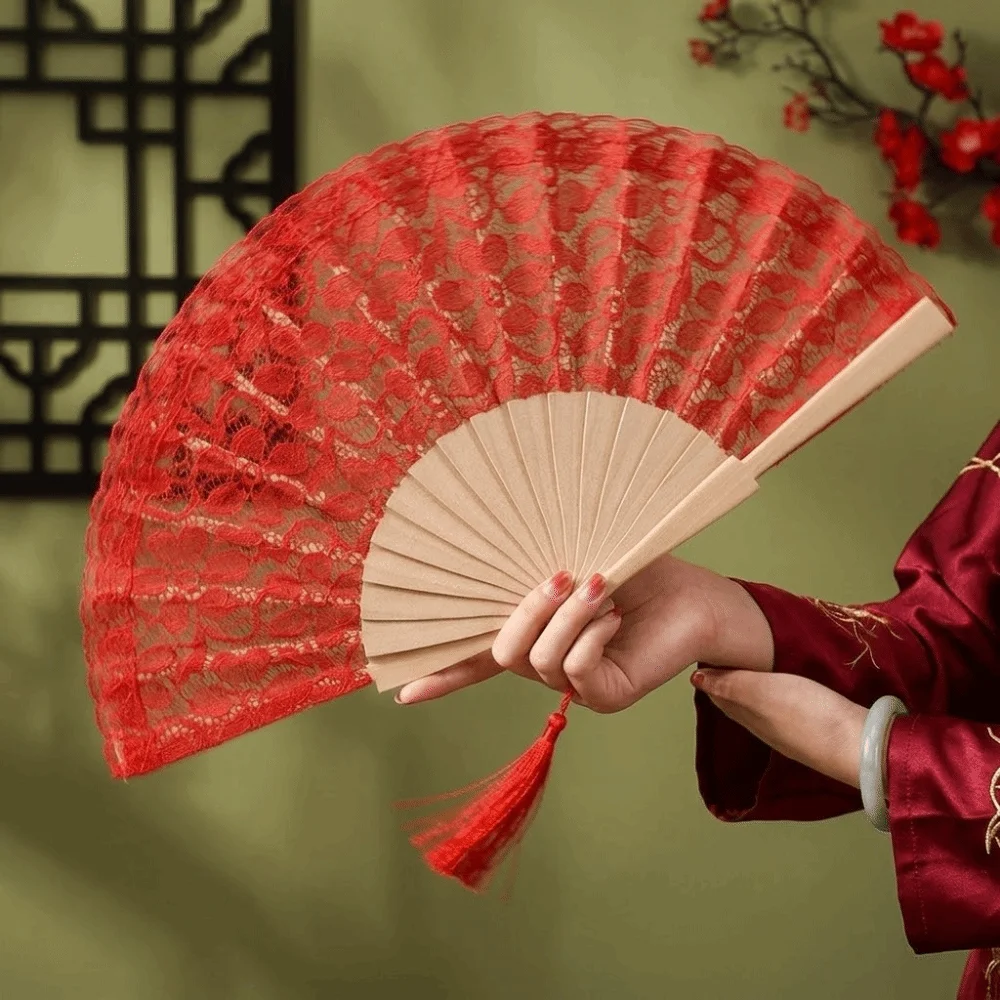 Vintage Lace Trim Folding Fan Handheld Lightweight Hollowed-Out Fan Decorative with Tassels Dance Fan Dance Performance