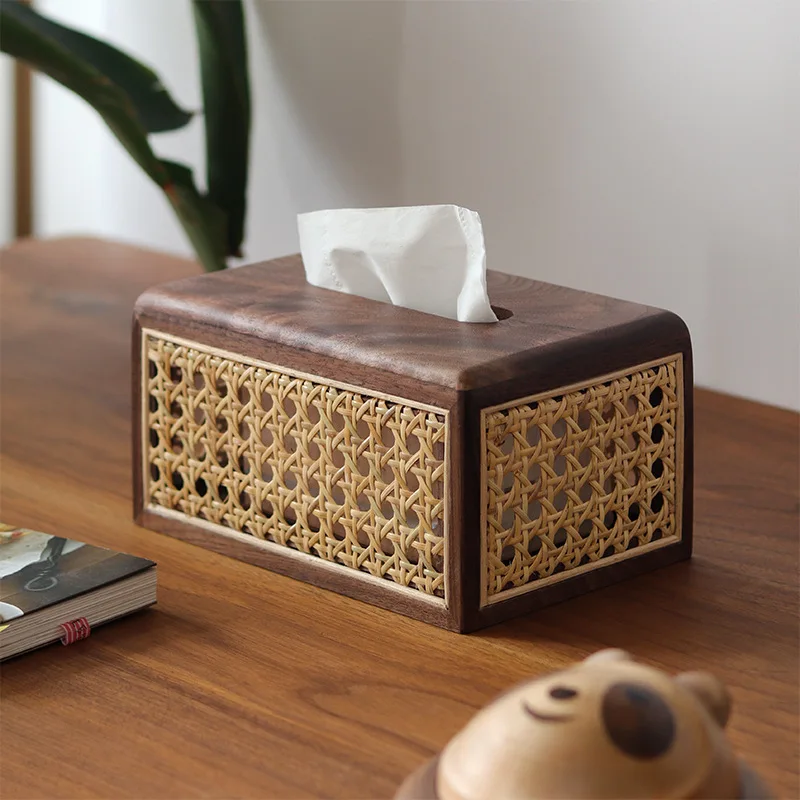 Simple Stylish Extraction Style Wood Tissue Box Living Room Napkin Paper Boxes Rattan Woven Desktop Tissue Paper Storage Holder
