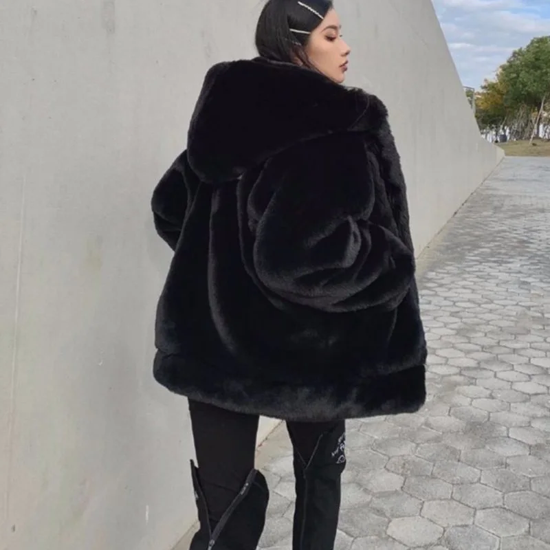 Thickened Mink Velvet Coat Women high Quality Winter Clothes New Jacket Version Loose Imitation Rabbit Fur Plush Hooded Fur Coat