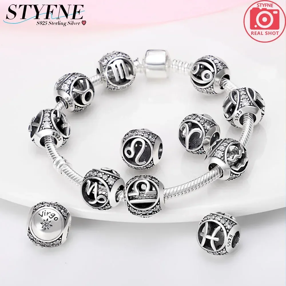 Beaded Sterling Silver 925 Twelve Constellations Black Lucky Symbol Charm for Women Diy Original Bracelet Can Be Made As A Gift