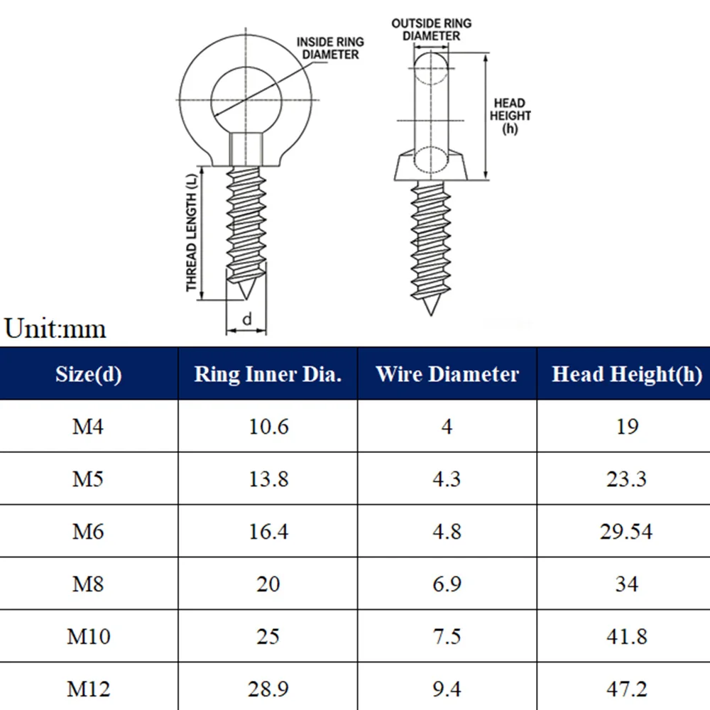 1-3Pcs 304 Stainless Steel Eye Lag Screws Ring Hook Self‑Drilling Eyelet Wood Screws for Speaker Hanging M4 M5 M6 M8 M10