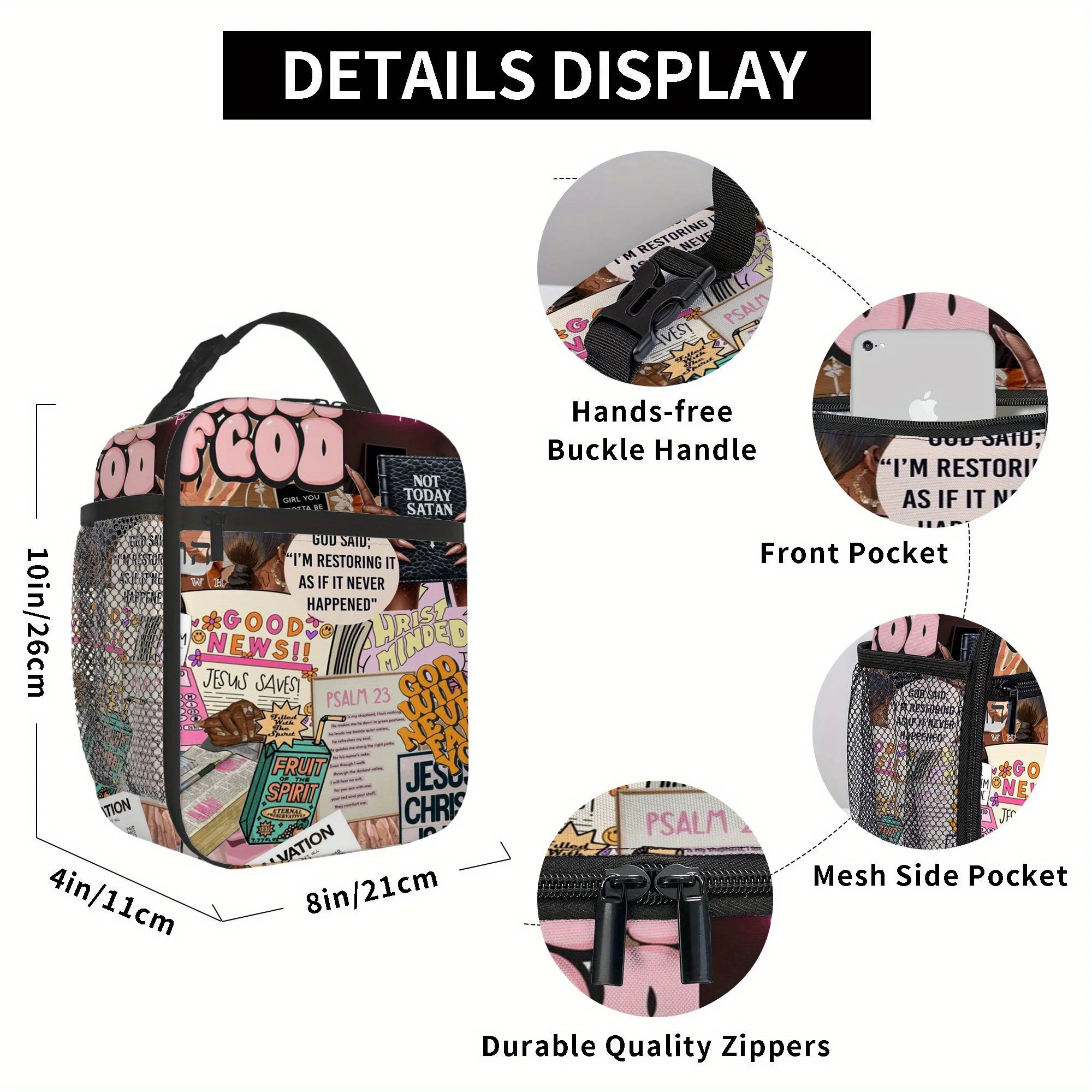 1pc, Christian-themed collage with inspirational quotes Printed thermal bag Insulation bag Isolated Bag, No food contact