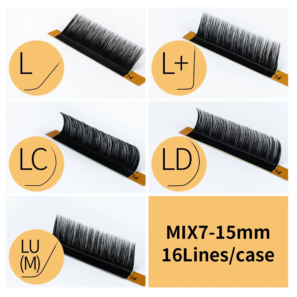 16 Reihen L L+ LC LD LU M N Wimpernverlängerung 7-15 mm gemischte Länge PBT Nerz-Wimpernverlängerung zum Pfropfen von L-förmigen Wimpern