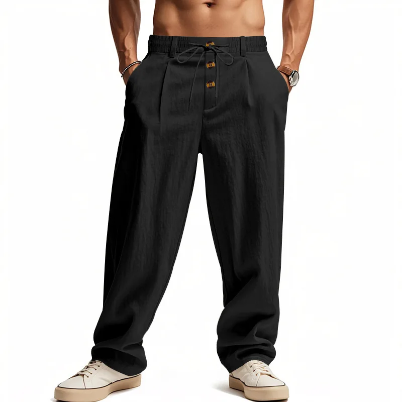 Herren Boho Leinenmischung Weite Hose mit Hoher Taille, Kordelzug, Knopfleiste, Lockerer Passform und Seitentaschen – Detail 19