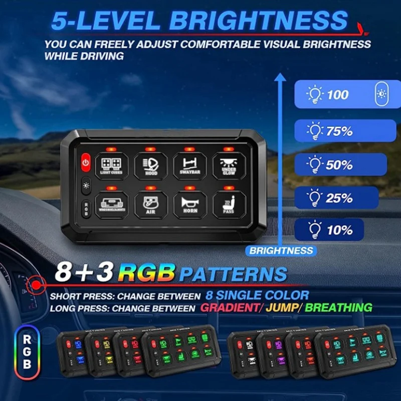 8 Gangs Universal Led Switch Panel APP Control Adjustable RGB Colors Brightness Multifunction For Car Truck Offroad RV