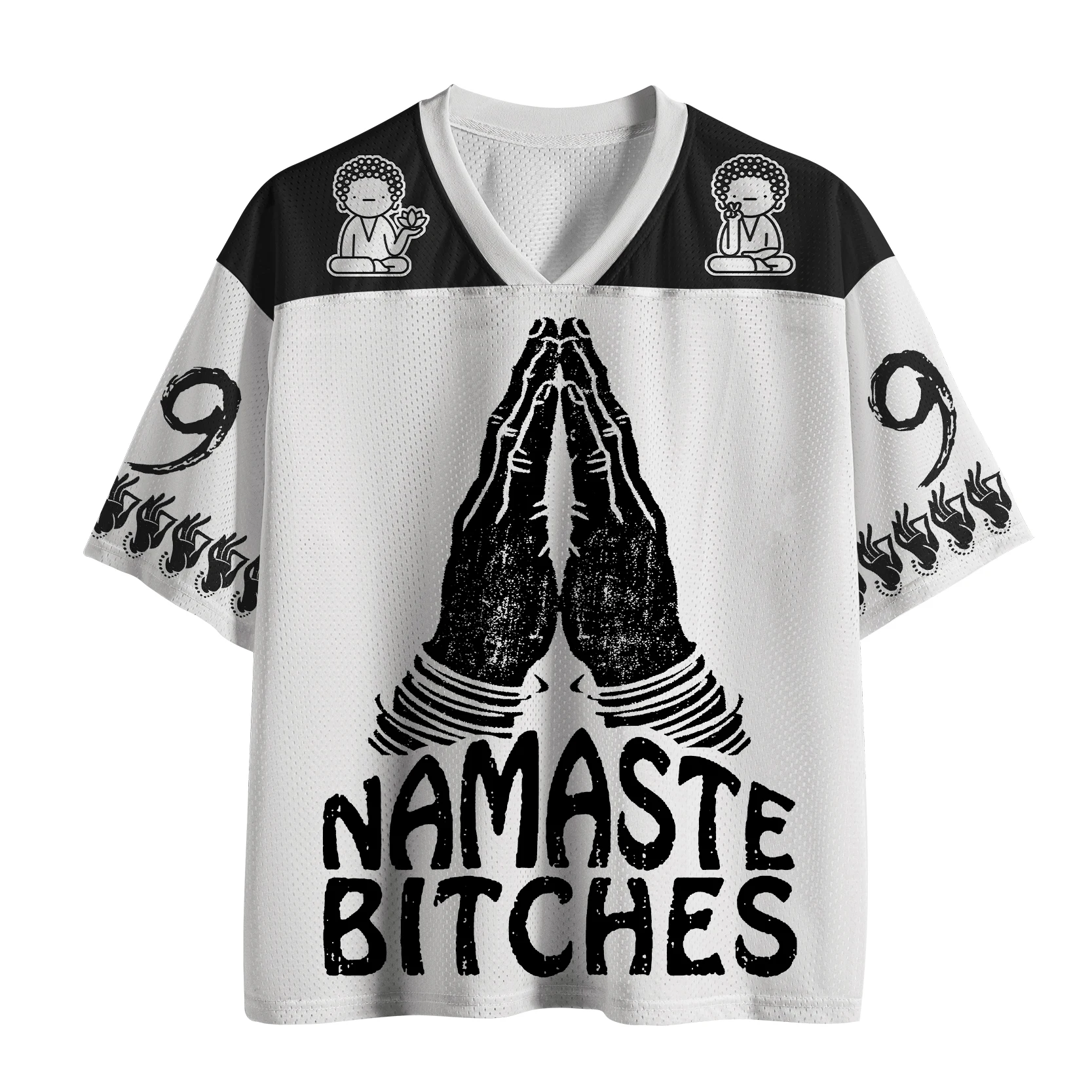 Unisex Namaste Funny Quote Football Jersey Yoga Mudra Hands Buddha Cartoon Print V-Neck Number 9 Short Sleeve Sports Tee