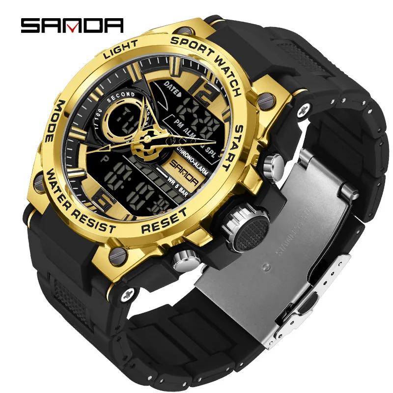 Sanda 9010 Alarm Clock Mode Analog Led Display Quartz Dgital Movement Outdoor Sports Waterproof Teenagers Wrist Stop Watch