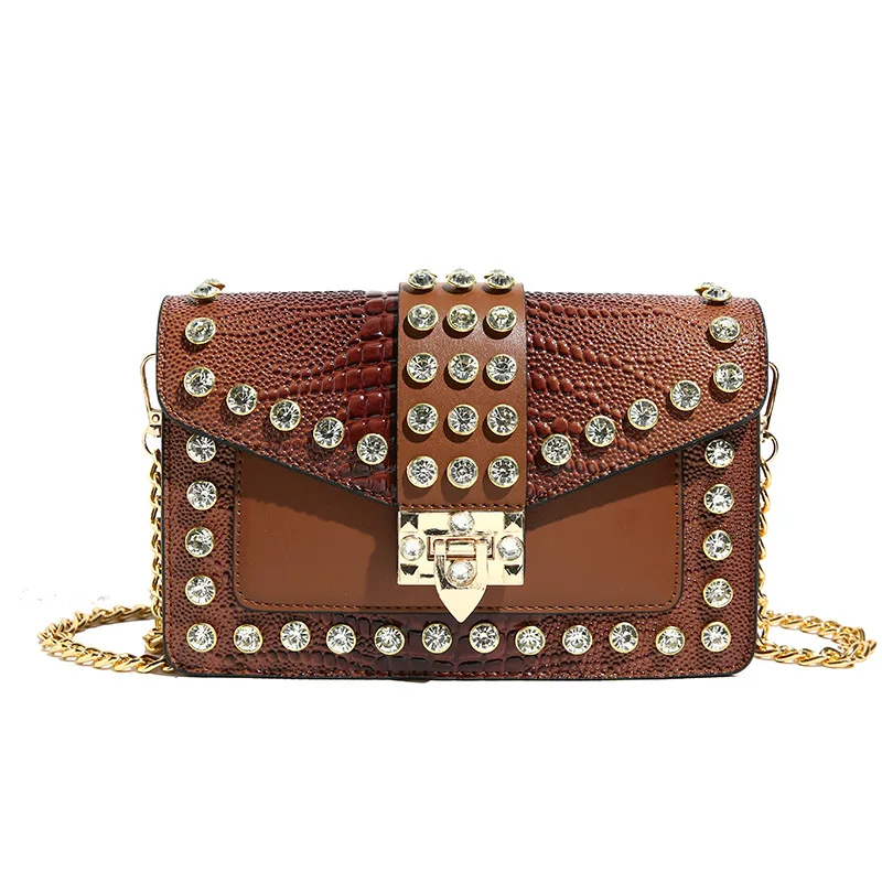 2024 women bag beading PU patchwork crossbody bag punk HIP HOP style square party girls versatile chain shoulder bag