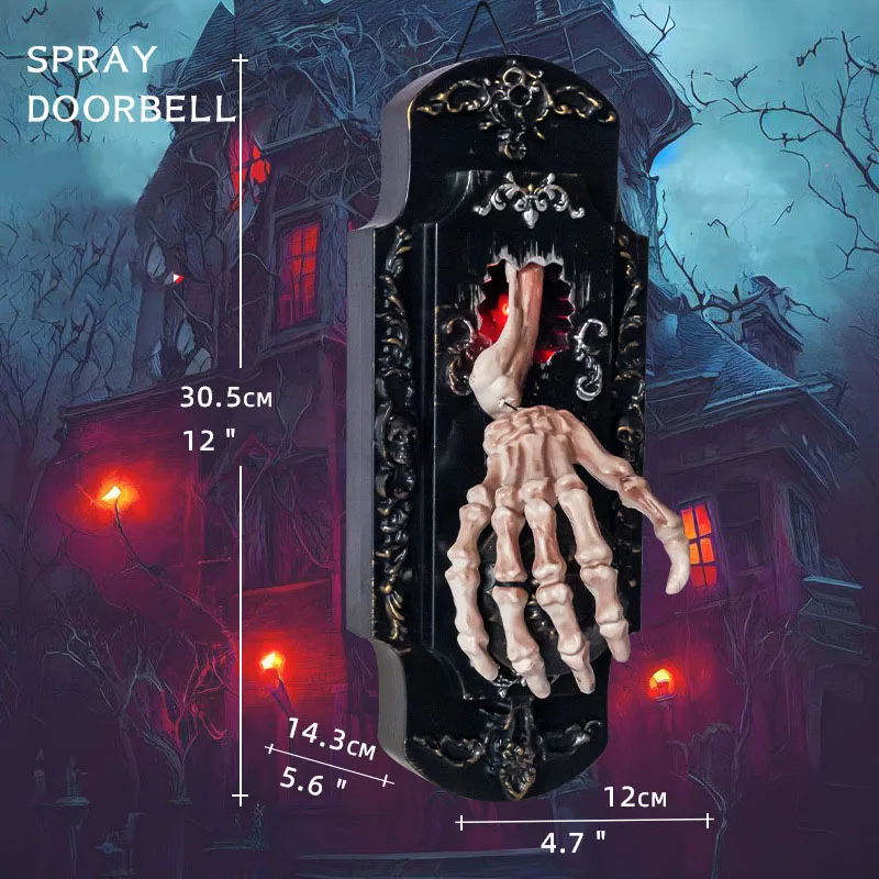 Parodia di Halloween Sensore campanello Spray Serratura per porta Suono creativo che emette luce Sensore tattile Layout di scena Casa stregata Scherzo Prop