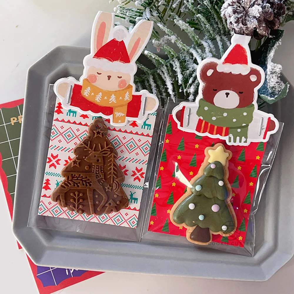 Christmas Decorative Cards For Cookie Packaging Bags Bunny Bear Shape Folded Decoration Card Christmas Tree Elk Square Card