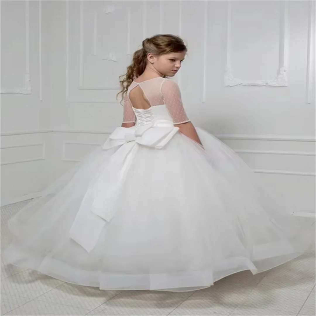 

Customized White Sleeveless Tulle Bow Belt Flower Girl Dress Ball Beauty Pageant First Communion Gown Kids Birthday Gift Evening