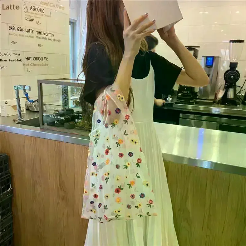 

Transparent Women's Bag Silk Mesh Embroidery Flower Designer Luxury Bags Small Fresh Shopping Tote Bag