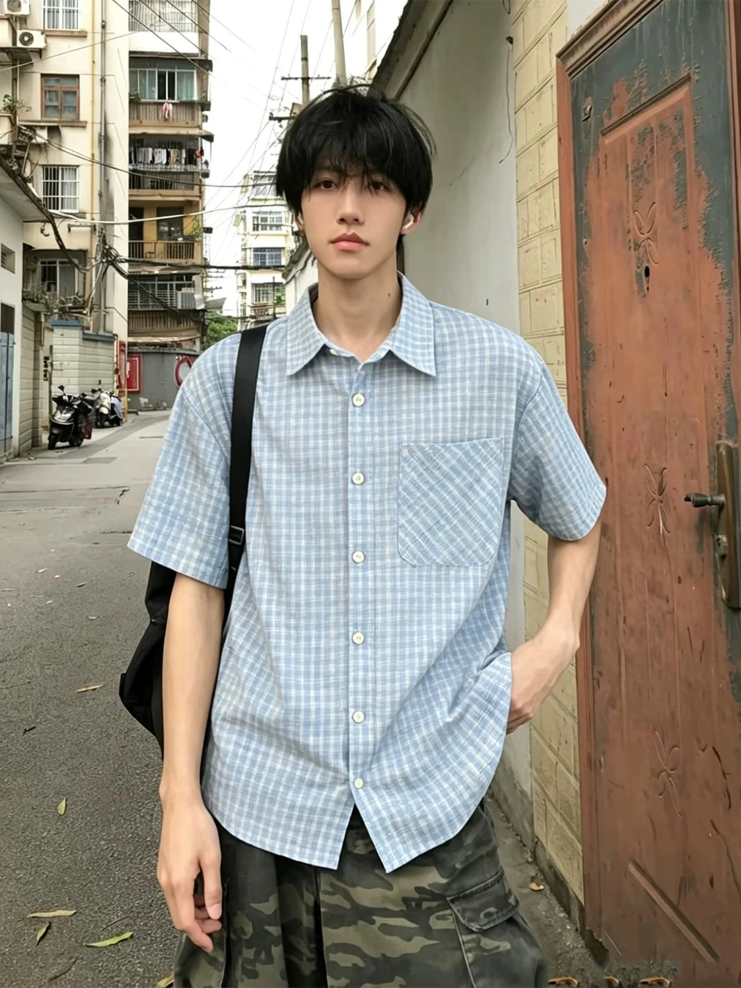 

Blue Plaid Short Sleeve Ice Silk Shirt Cleanfit American Style for Boys Summer Breathable Comfortable Loose Fit Button up