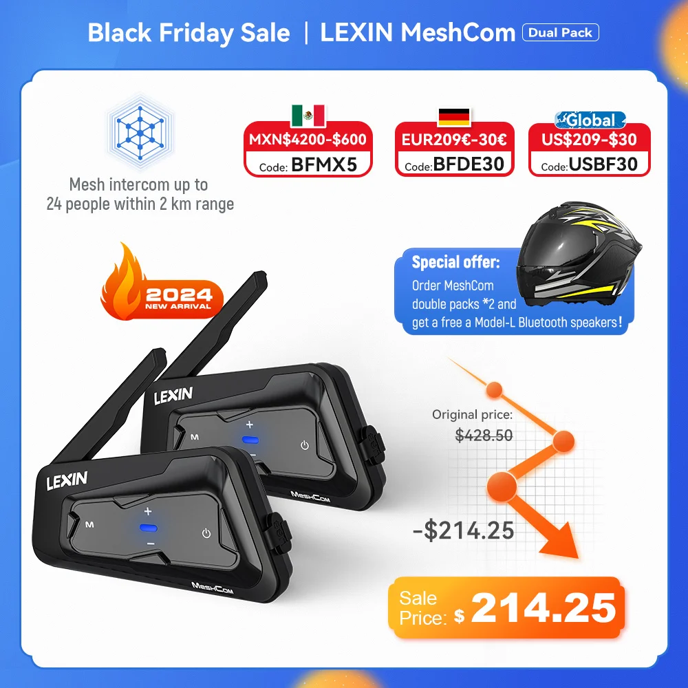 New 2023 Lexin MeshCom MESH & Bluetooth Intercom For Motorcycle Helmet Headset,Mesh intercom up to 24 people within 2 km range