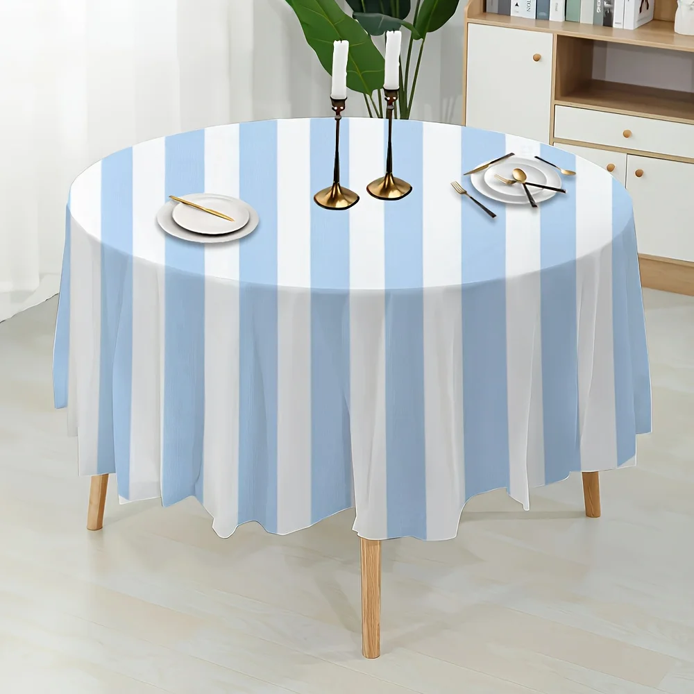 One light blue striped round tablecloth design, creating a cozy dining experience