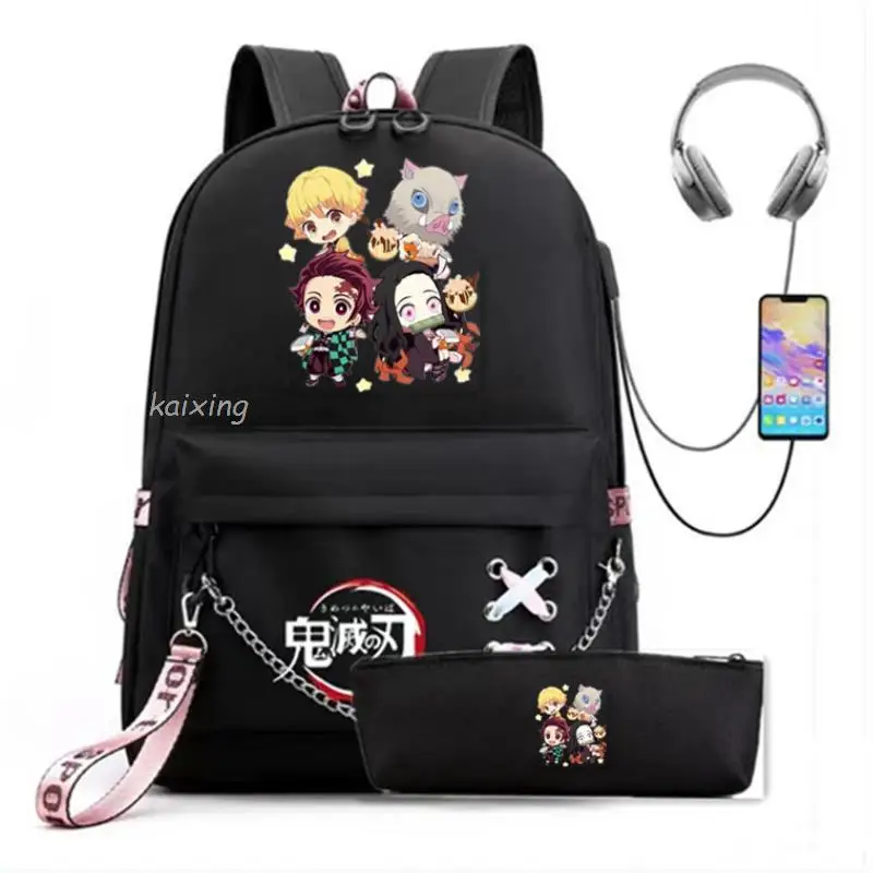 Hot Demon Slayer Girls School Bags Backpack Schoolbag Large School Bag USB Port Canvas Schoolbag Fashion Teen School Backpack