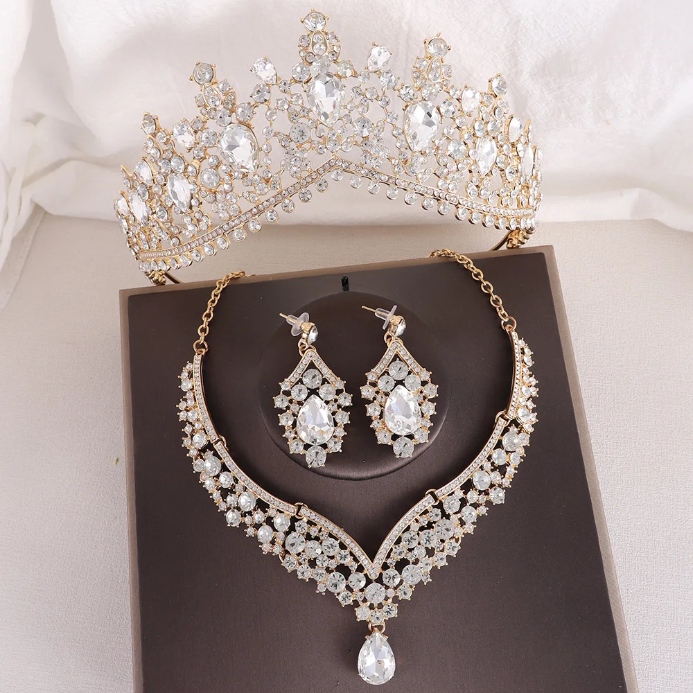 3Pcs/Set Baroque Gold Color Red Wedding Crown Princess Queen Water Drop Crystal Tiaras Necklace Earrings New Bridal Jewelry Sets