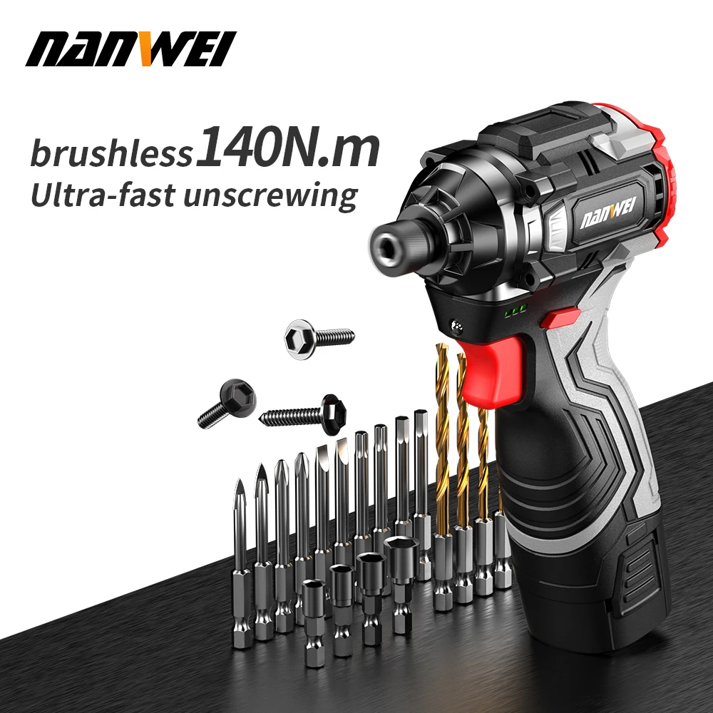 NANWEI 16.8V Brushless Lithium Ion Mini Impact Driver 140N.M Handheld Home Screwdriver Electric Screwdriver