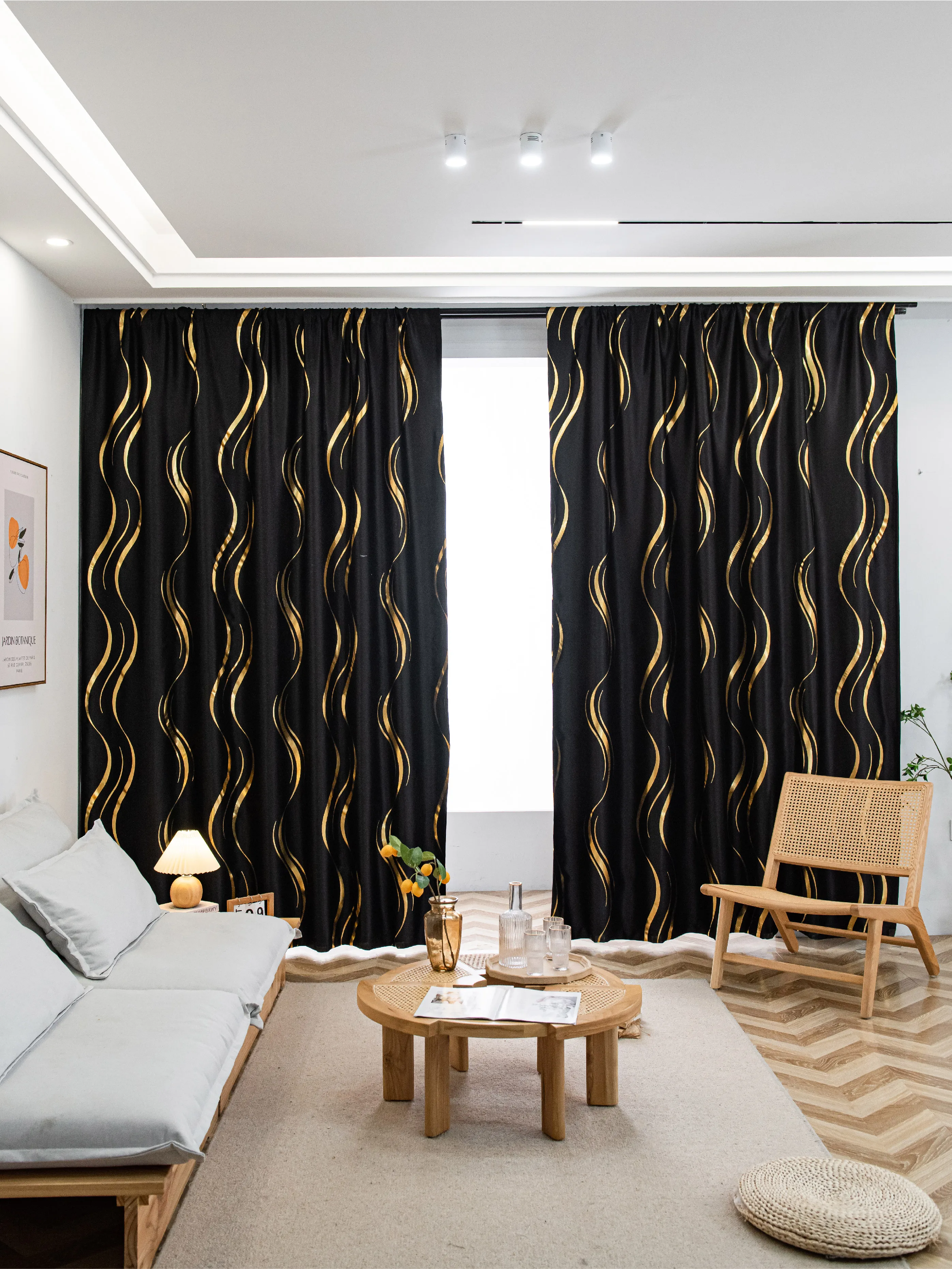 80% Blackout Curtains With Hot Stamping Golden Curtain Wave Pattern for Living Room and Bedroom