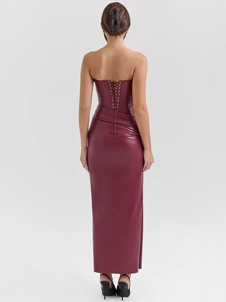 Mozision Wine Red Strapless Sexy PU Leather Maxi Dress Women Fashion Off-shoulder Backless Lace-up Bodycon Club Party Long Dress