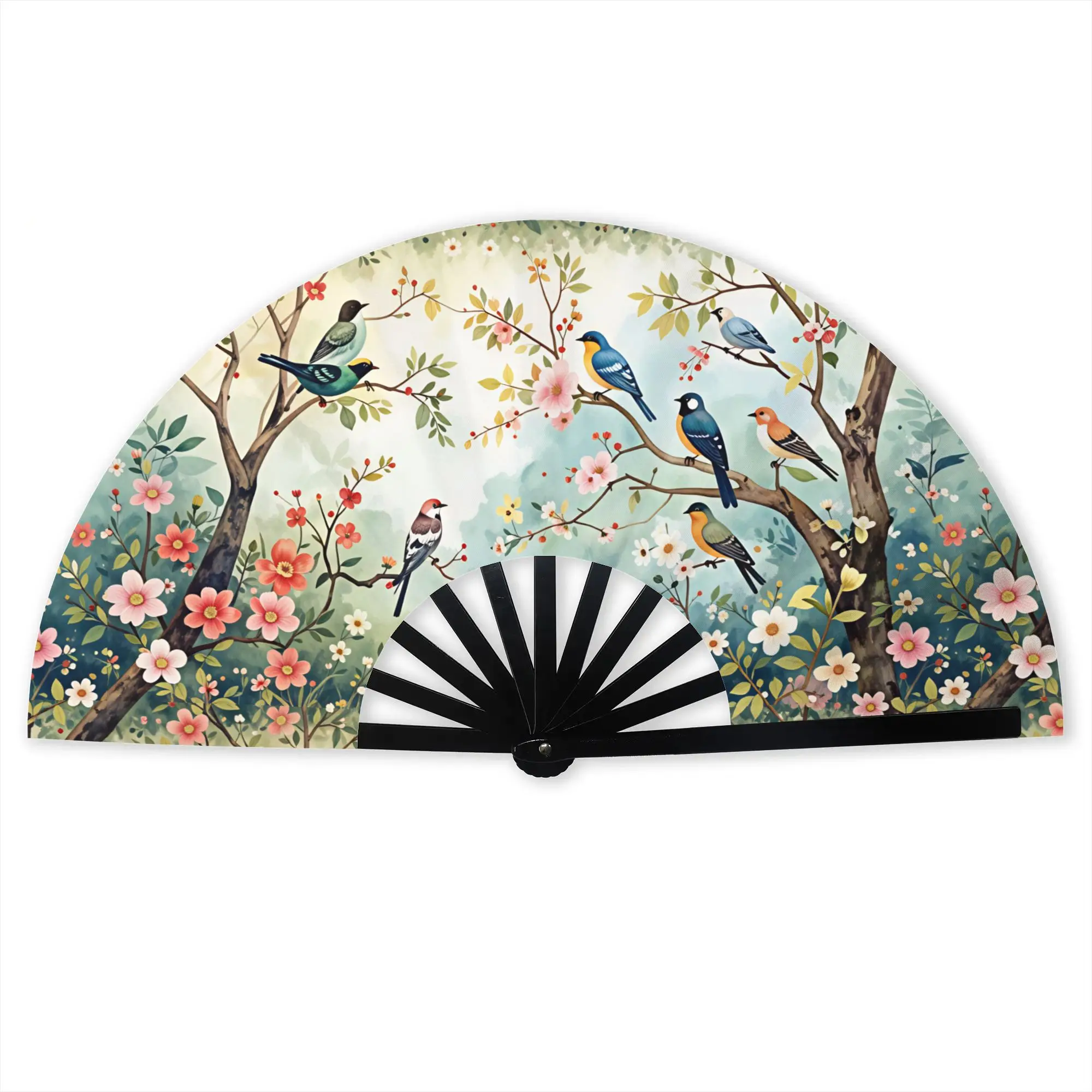 Birds Singing And Flowers Fragrant  Stylish Hand Fan  Men  Printed Polyester Fan Trendy For Wedding Party Gift