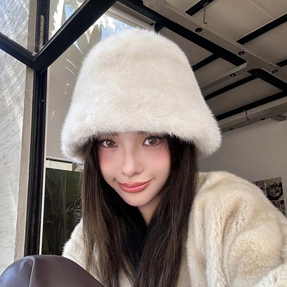 

2025 Soft Mink Fur Fluffy Bucket Hat For Women Autumn Winter Warm Plush Outdoor Female Windproof Mink Fur Fisherman Cap