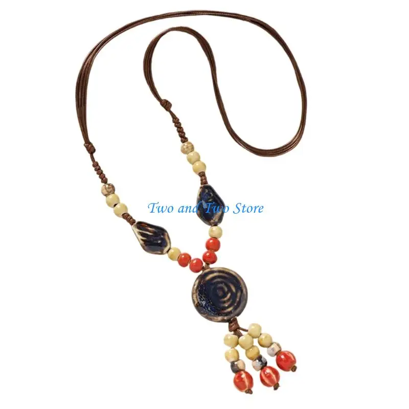 HX6F Trendy Ceramic Multi Colored Beads Necklace Unique Chinese Neck Jewellet For Outfit Enhancement