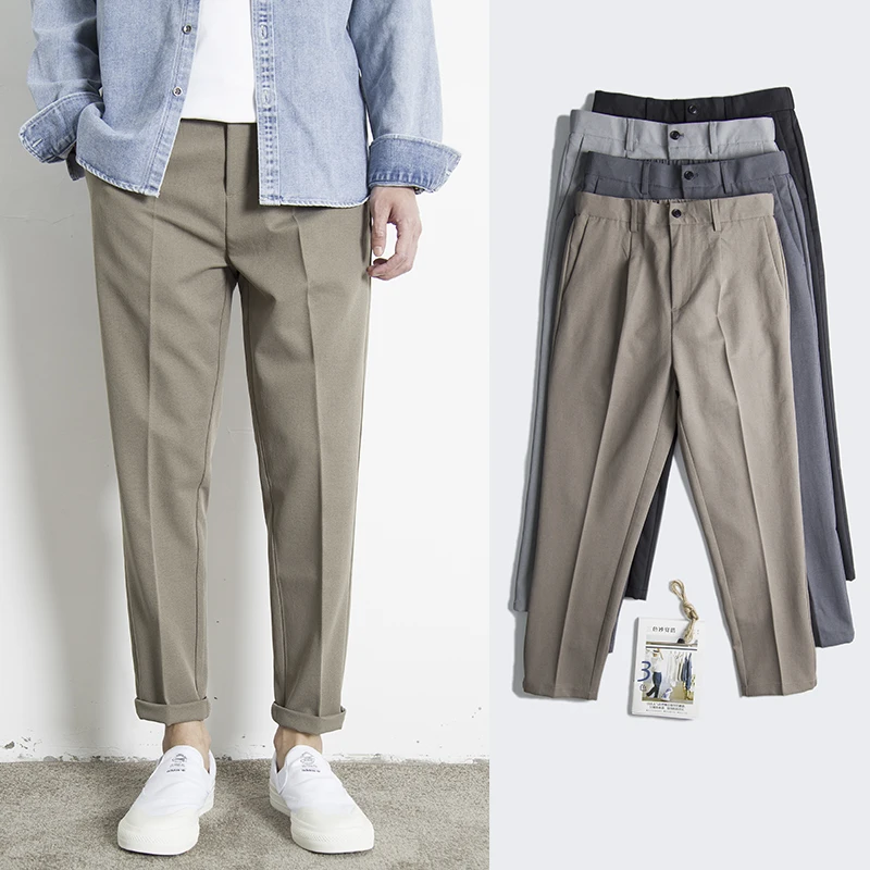 Youth Casual Straight Leg Pants Men's Autumn Nine Points Slim Fit Long Trousers Spring Summer Straight Tube Suit Pants
