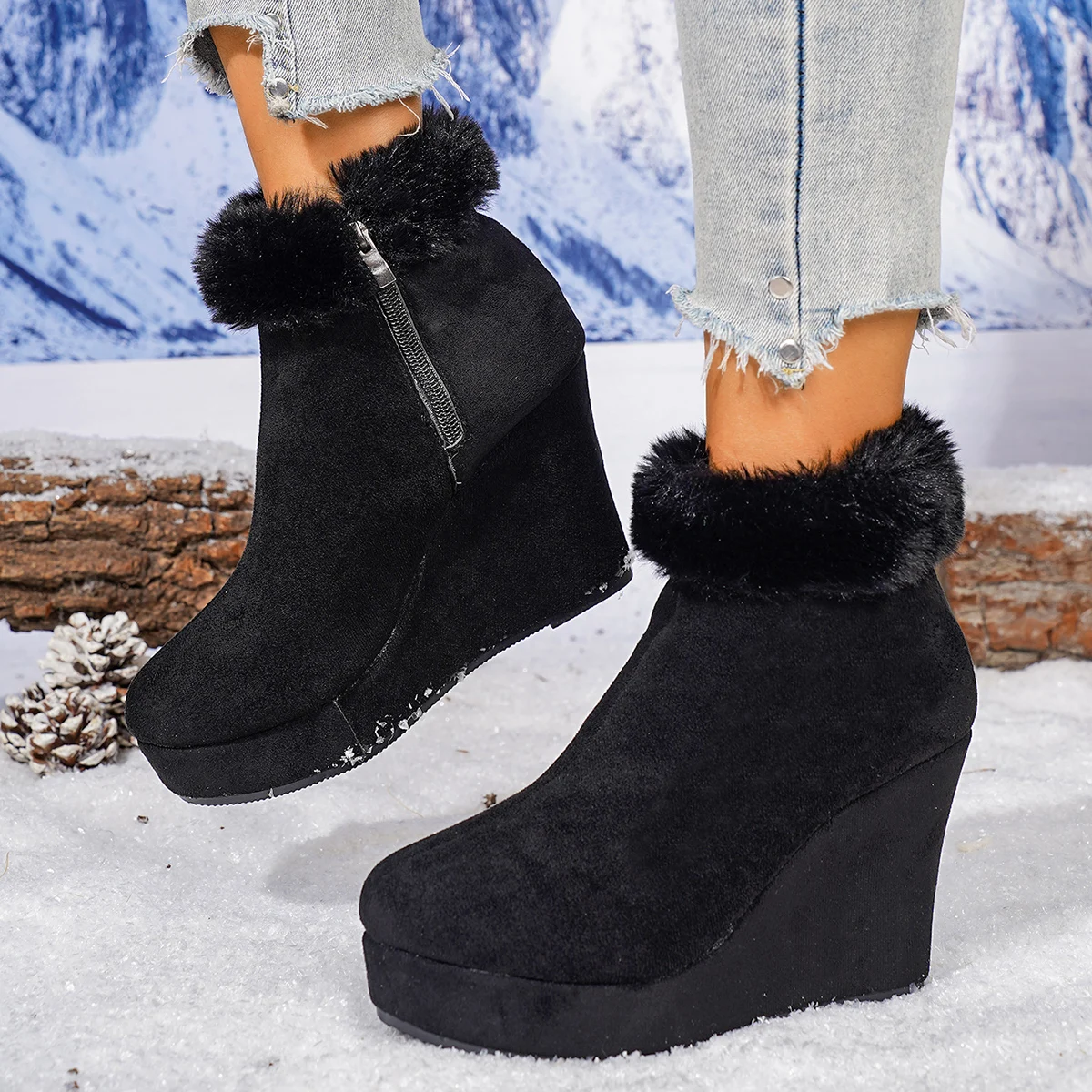 Plush Women Boots Fashion Trend  Anti-slip Shoes Femme Comfortable Hick-soled Platform Boots Thickened Fluff Fur Shoes Ladies
