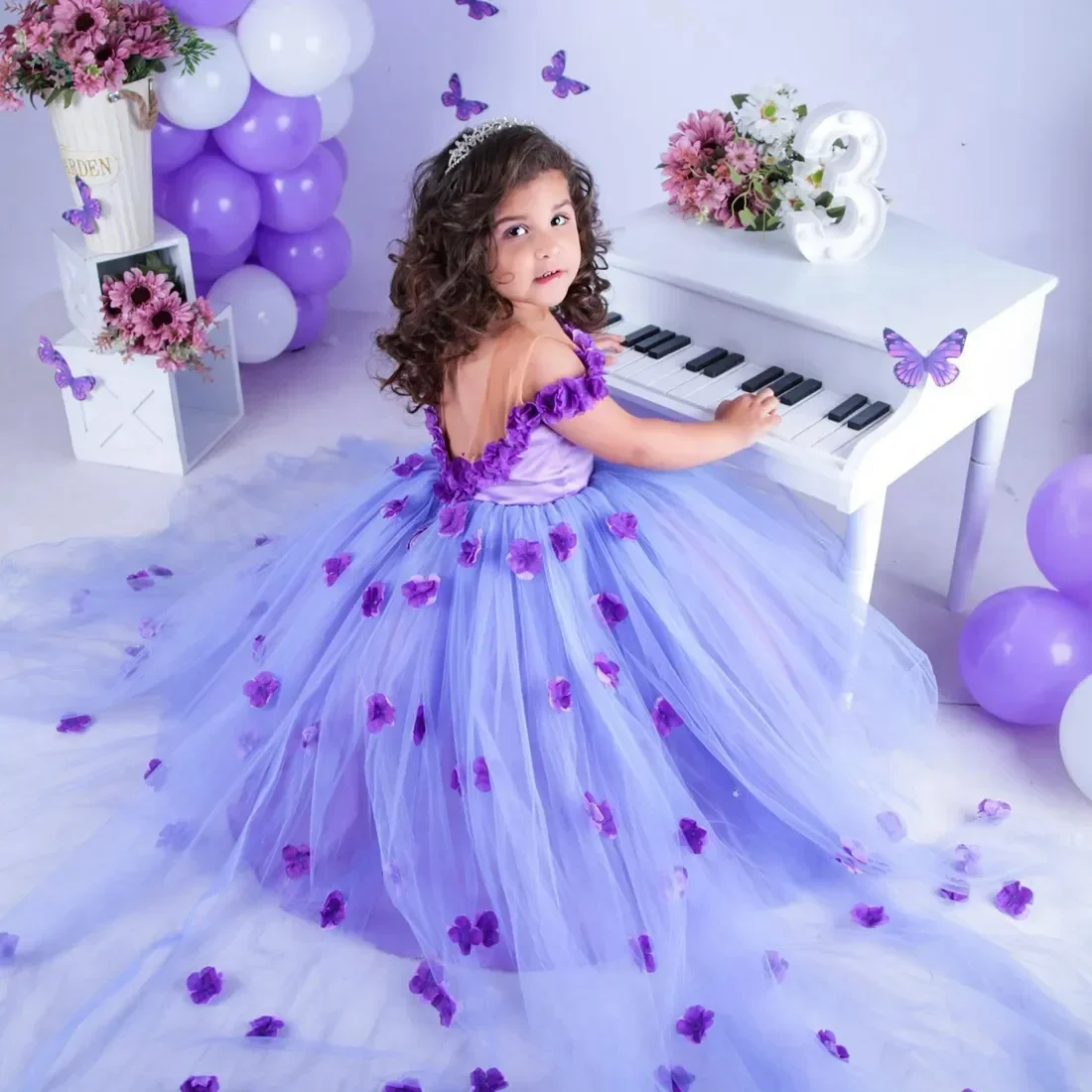 Vestido de menina flor borboleta decoração apliques casamento sheer neck appliqued renda em camadas tule princesa vestido de festa de aniversário