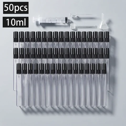 50pcs 4 Accessories 10ML Refillable Glass Spray Bottle with 50 Spray Bottles, 1 Dropper, 1 Funnel, 1 Dispenser Divan, 1 Syringe